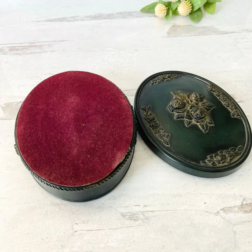 Vintage Victorian Revival Imitation Jet Carved Roses Jewelry Box Black Gothic